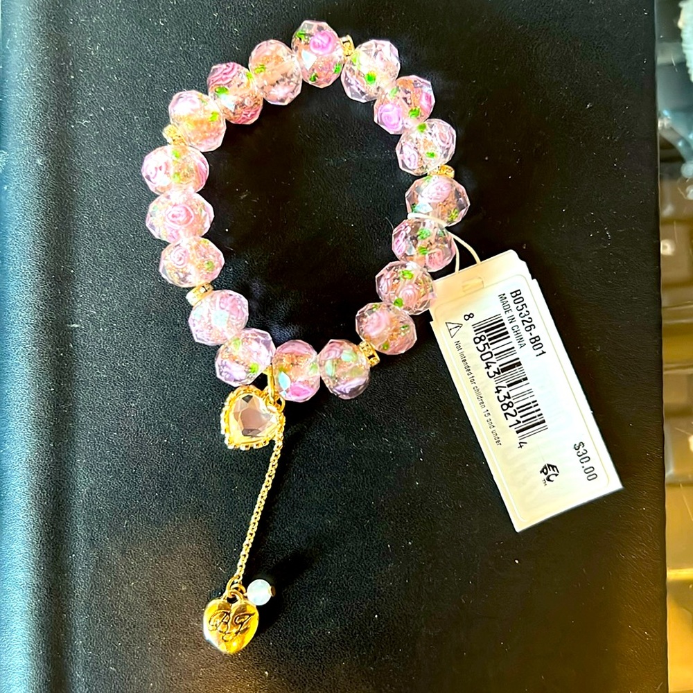 Betsey Johnson Pink Crystal Beaded Stretch Bracelet with Gold Heart Charms